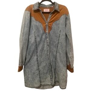 Vintage-Inspired Blue Denim and Brown Faux-Leather Long Sleeve Dress